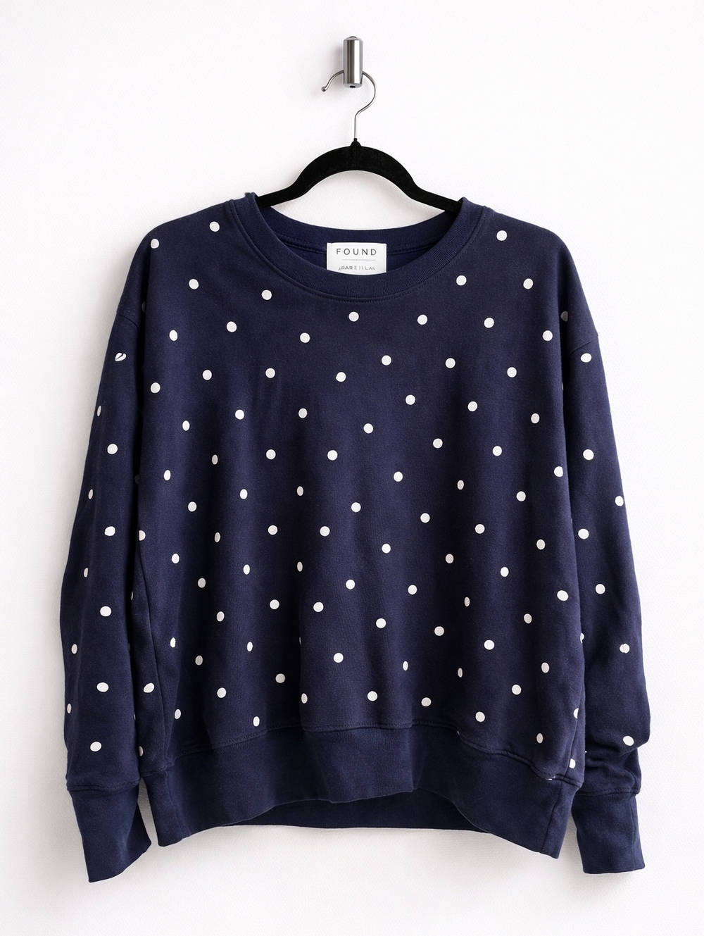 FOUND Denim Blue Polka Dot Sweatshirt XS French Girl Crewneck Casual Luxe Top